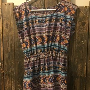 Aztec cap-sleeve cinched waist dress